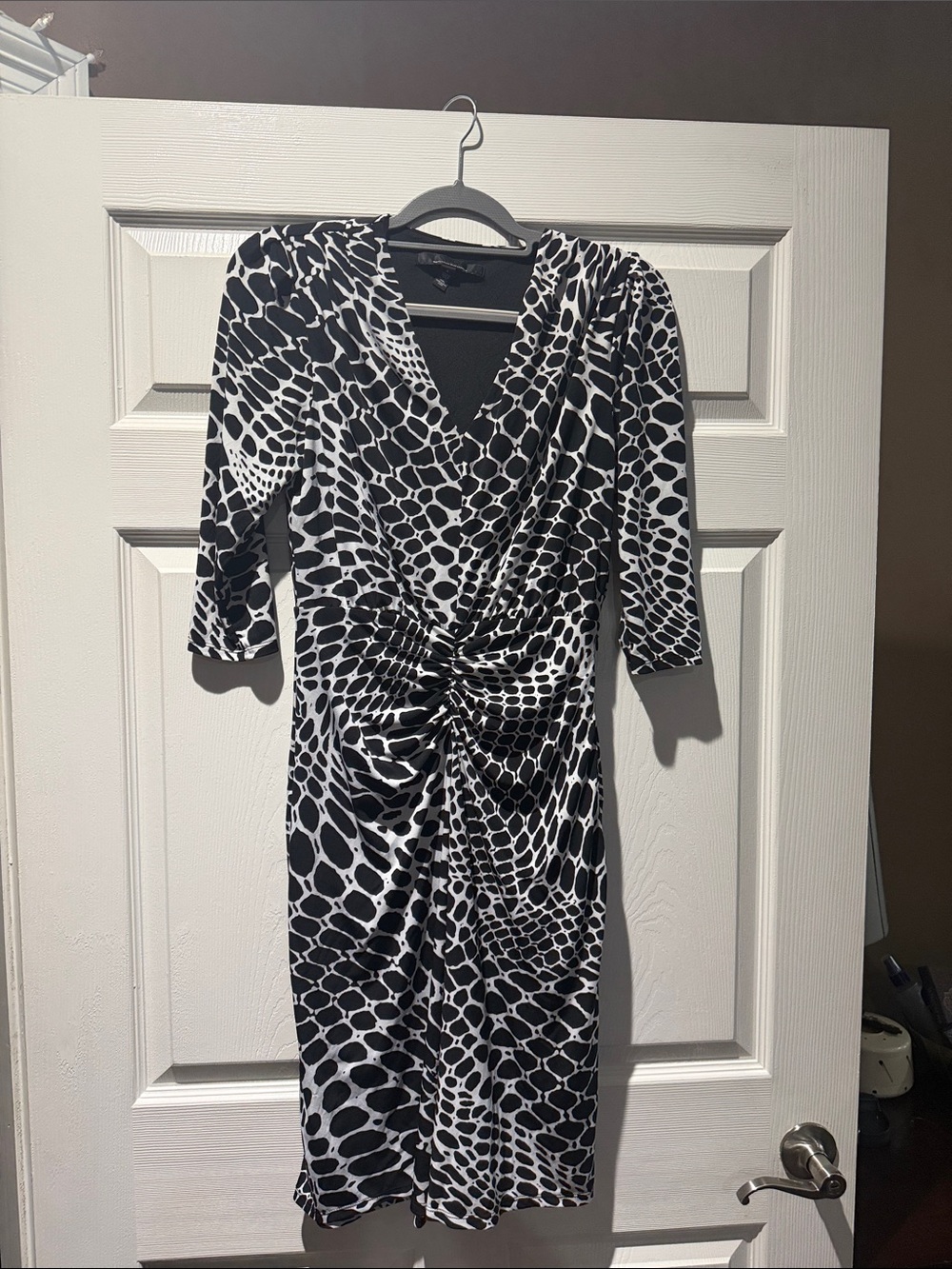 White House Black Market Black and White Ruched V-Neck Dress